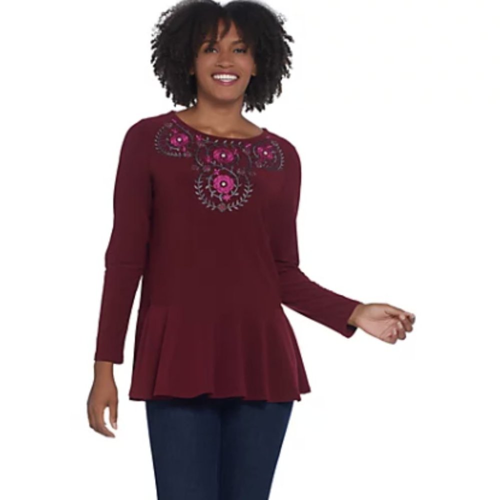 Dennis Basso Caviar Crepe Peplum Tunic with Embroidery S